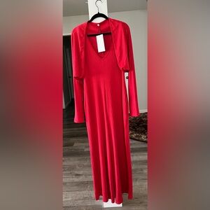 Red Ribbed 2-Piece Jumpsuit With Shrug In Red.